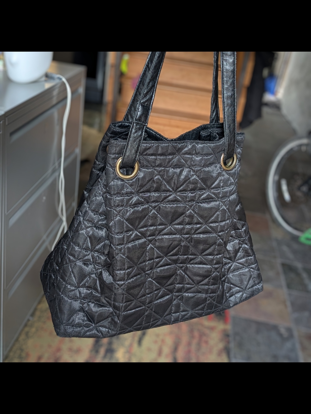 Big Buddha Quilted Black Tote Bag with Gold Ring Accents